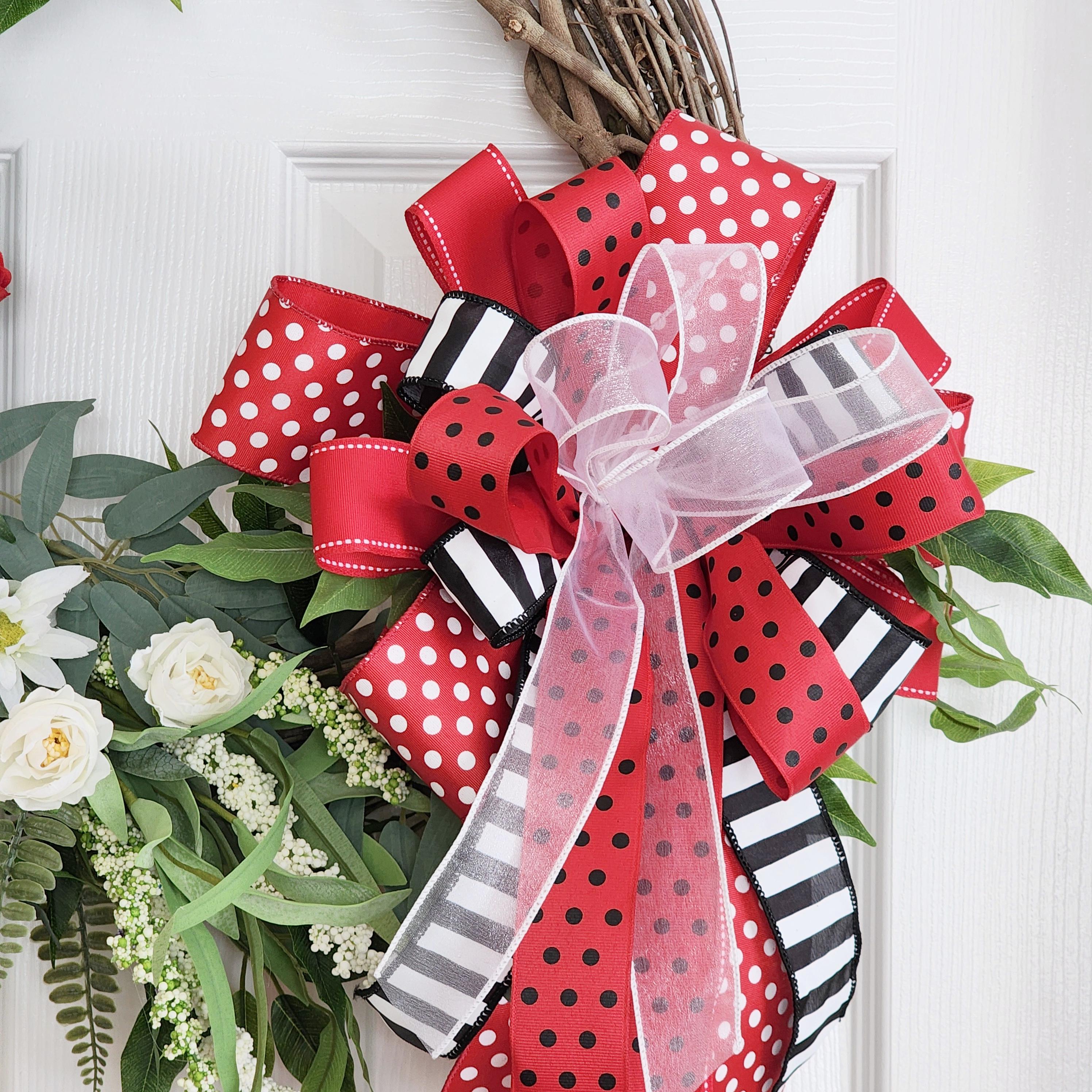 Red & White Summer Wreath, Front Door Decor, Farmhouse Floral Wreath with Bold Bow