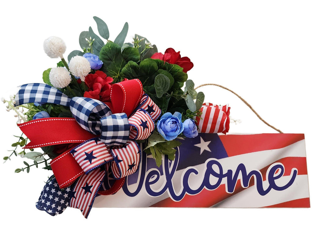 Patriotic Welcome Door Hanger – Red White and Blue Memorial Day & July 4th Decor