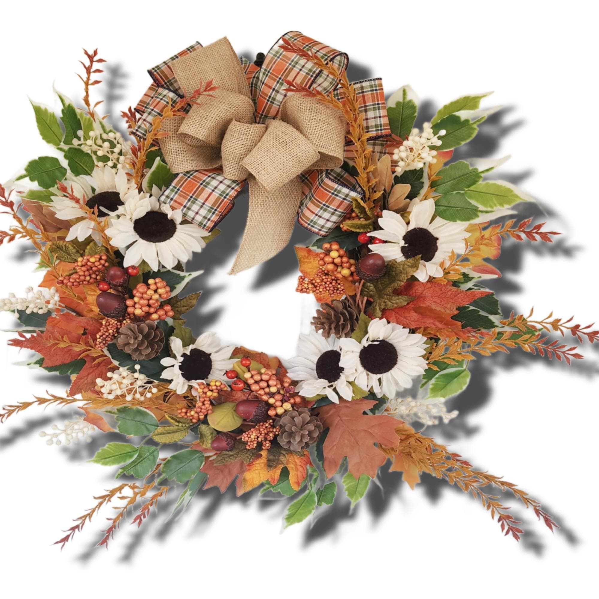 Plaid Bow Farmhouse Fall Grapevine Wreath Orange & Cream Florals Autumn Door Country Wreath