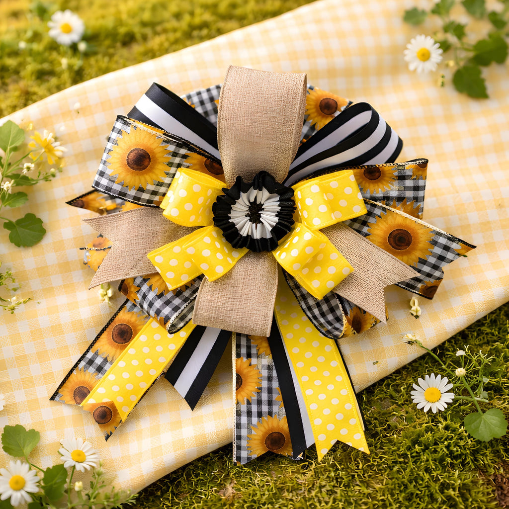 Sunflower Ribbon Bow, Farmhouse Door Decor Accent, Spring Summer Lantern Bow