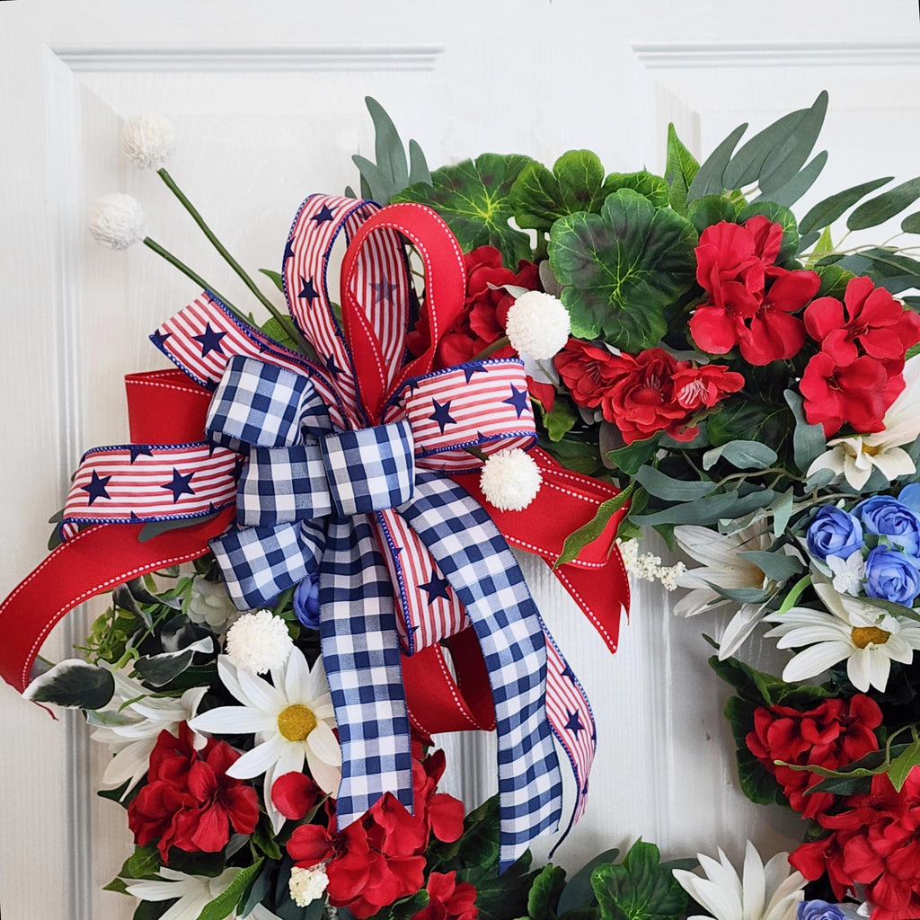 Patriotic Grapevine Wreath – Red White Blue Florals, Memorial Day July 4th Decor