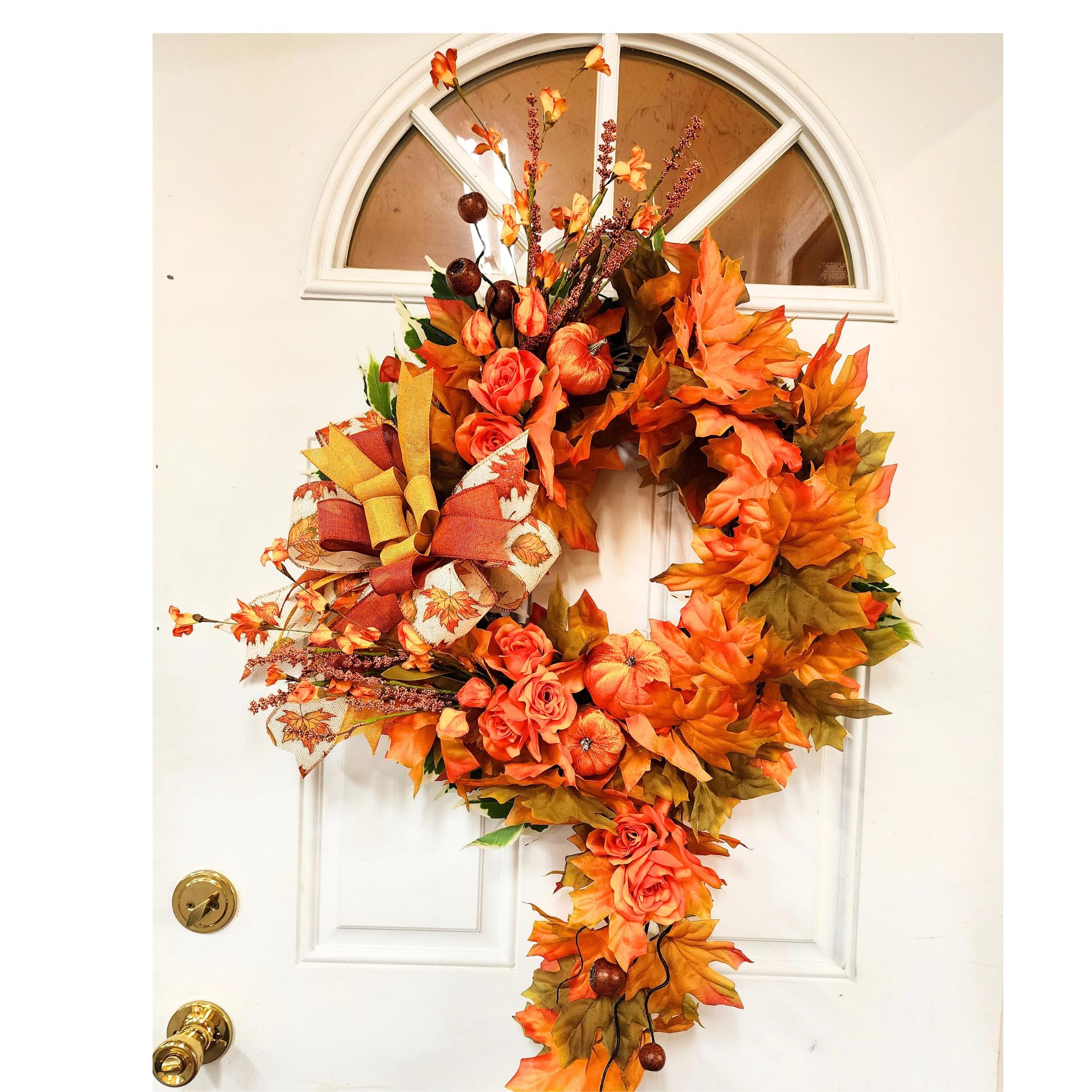 Handmade Fall Wreath Orange Maple Leaves Velvet Pumpkins Roses