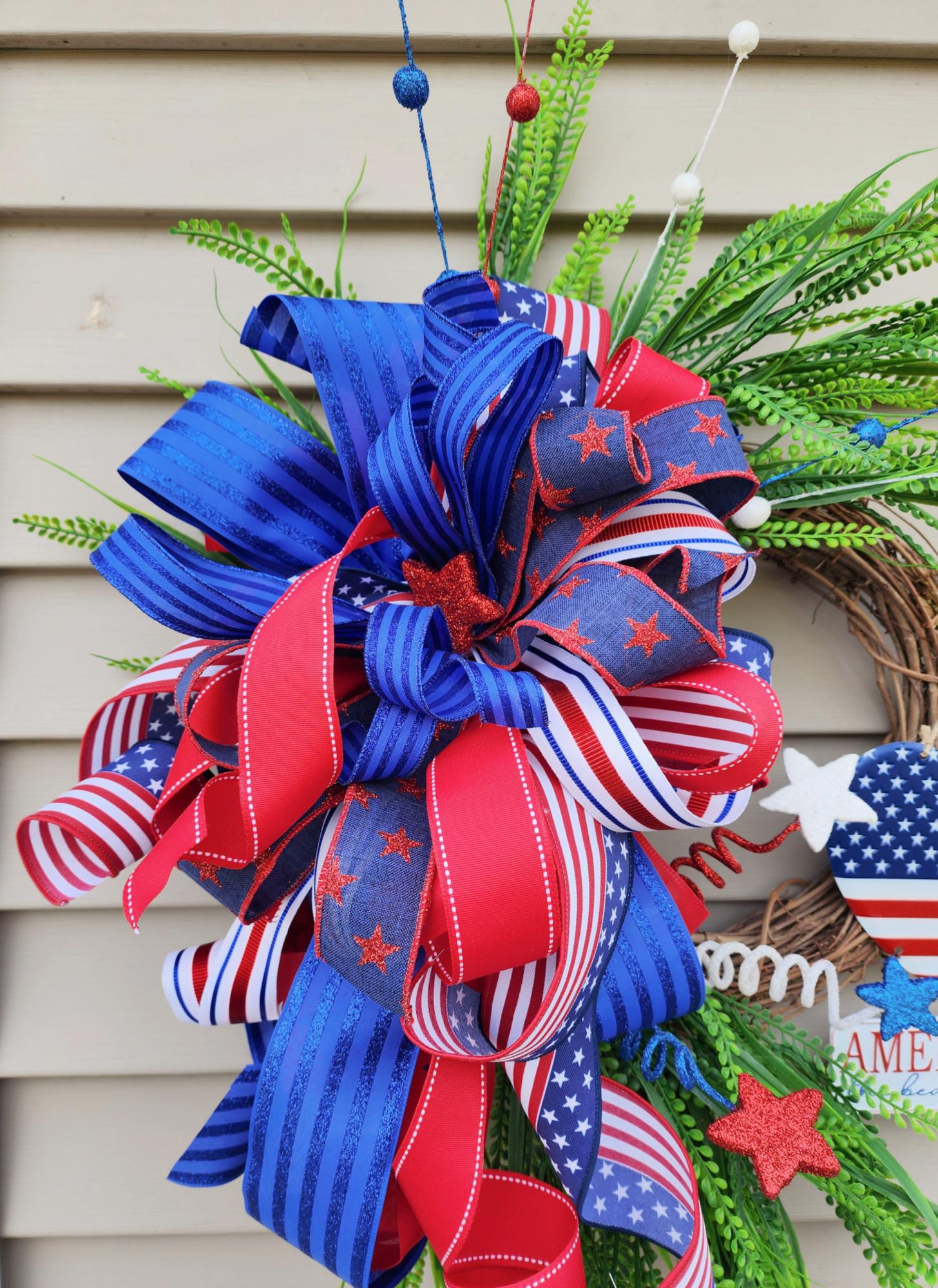 Patriotic Grapevine Wreath, Americana Door Decor with FREE Matching Mailbox Bow
