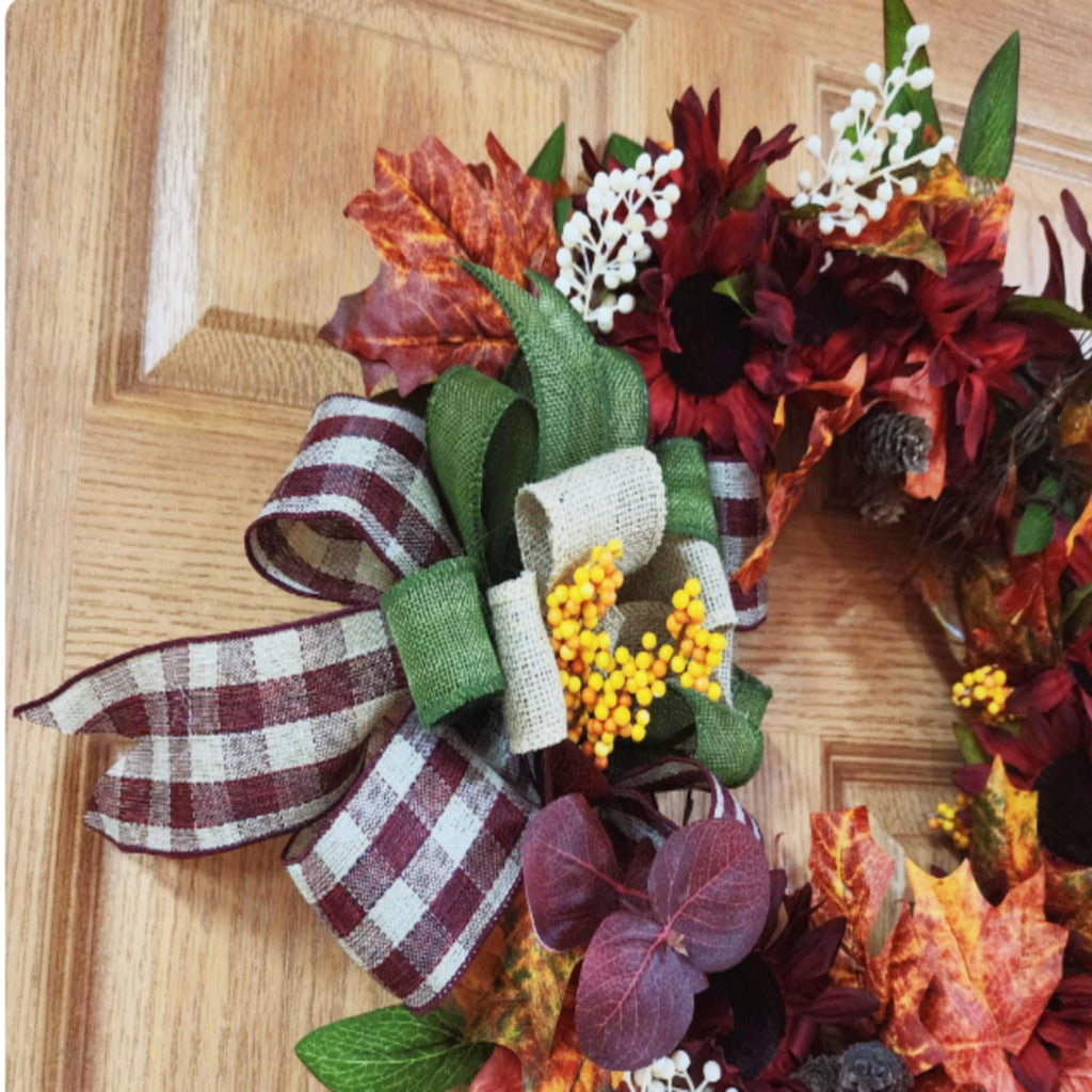 Burgundy Sunflower Maple Leaf Wreath, Rustic Farmhouse Fall Door Decor