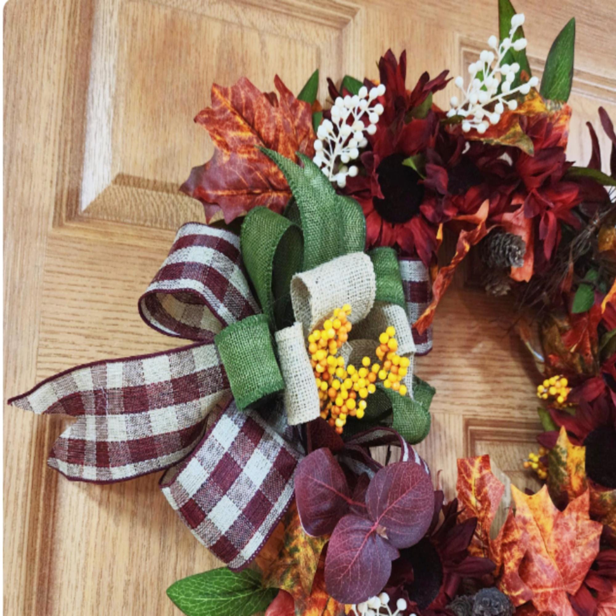 Burgundy Sunflower Maple Leaf Wreath, Rustic Farmhouse Fall Door Decor