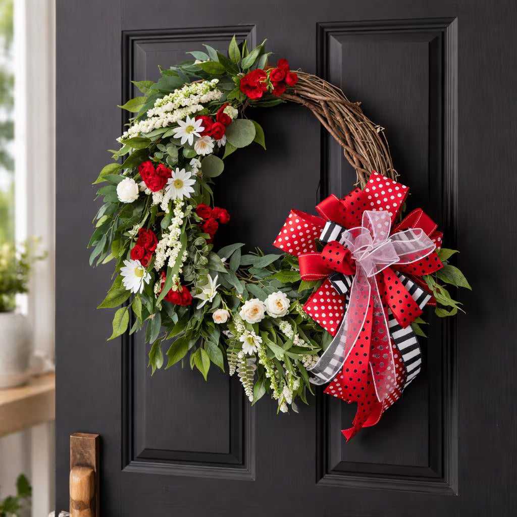 Red & White Summer Wreath, Front Door Decor, Farmhouse Floral Wreath with Bold Bow