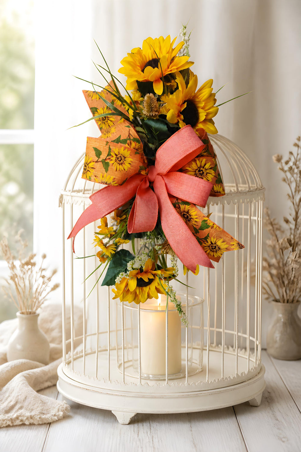 Orange Sunflower Ribbon Add On Bow, Farmhouse Door Decor Accent, Spring Summer Enhancer Bow