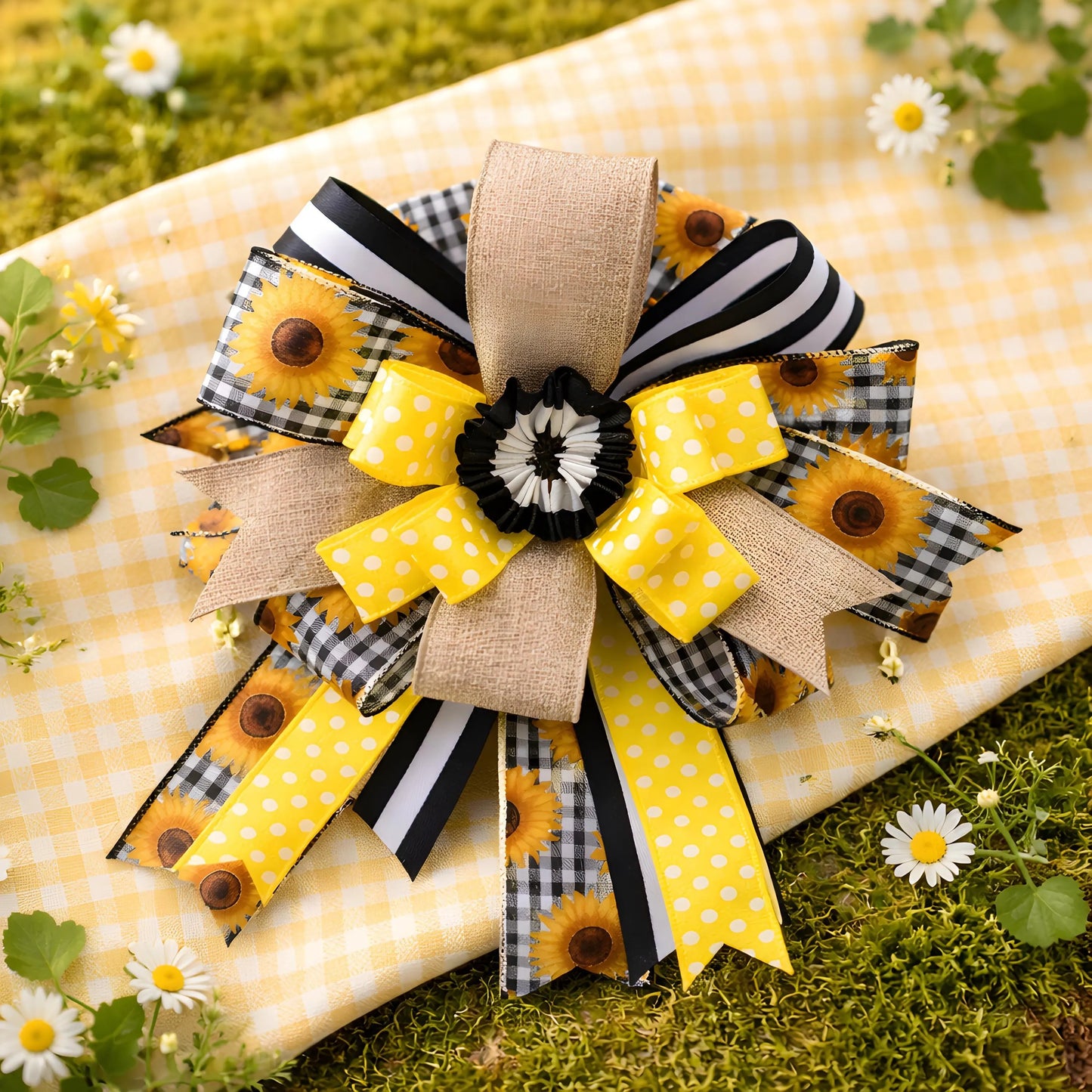 Sunflower Ribbon Bow, Farmhouse Door Decor Accent, Spring Summer Lantern Bow