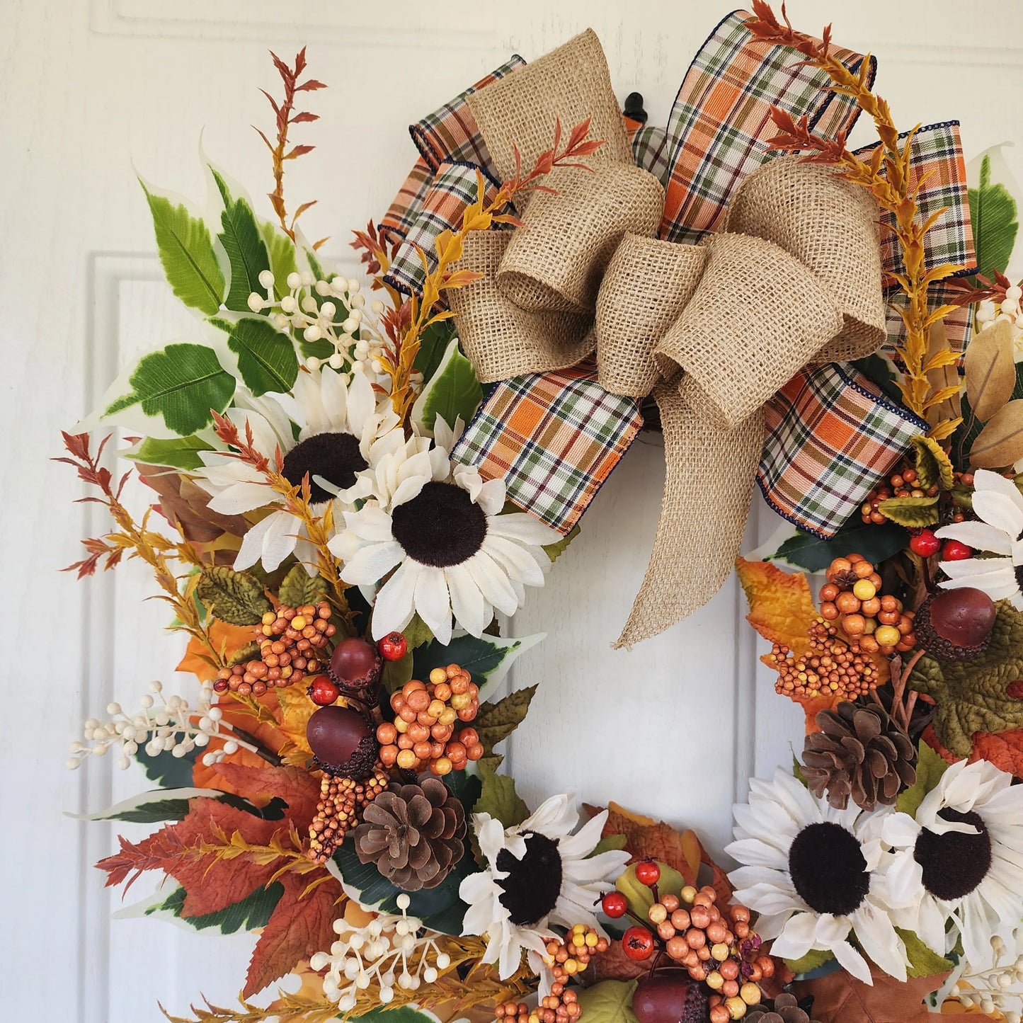Plaid Bow Farmhouse Fall Grapevine Wreath Orange & Cream Florals Autumn Door Country Wreath