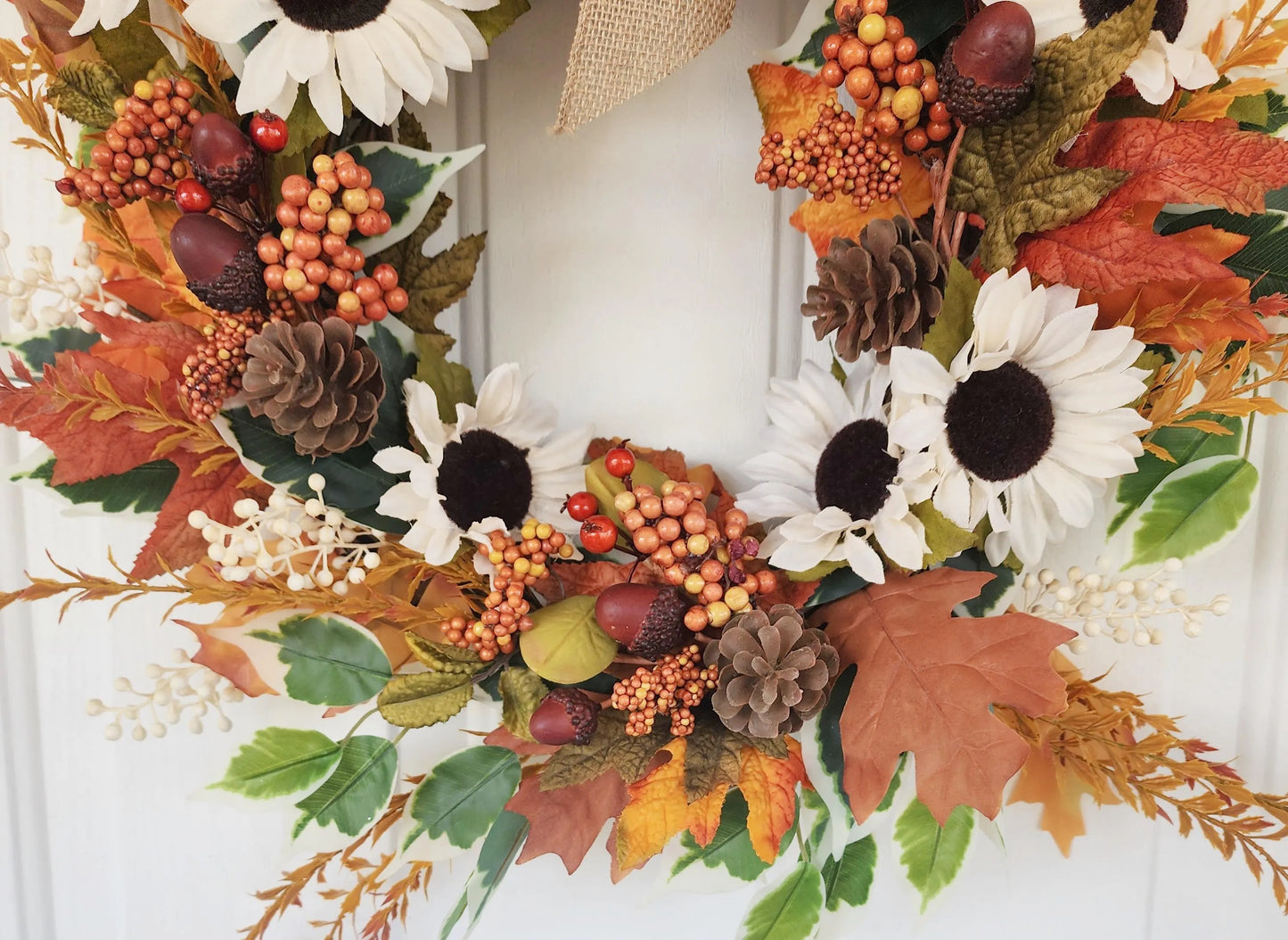 Plaid Bow Farmhouse Fall Grapevine Wreath Orange & Cream Florals Autumn Door Country Wreath