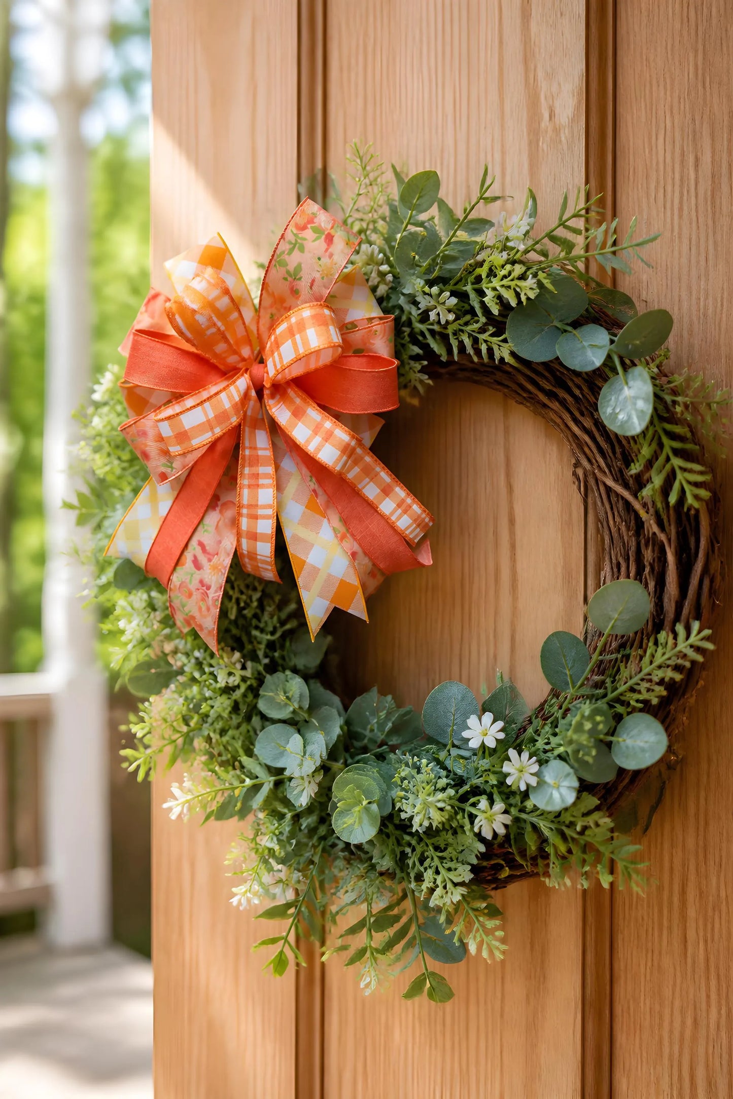 Coral Orange Plaid Floral Bow, Farmhouse Lantern Swag Accent, Spring Summer Decor