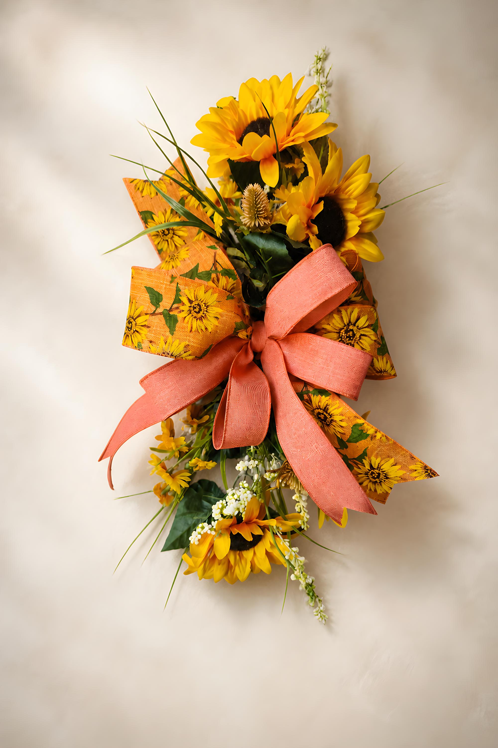 Orange Sunflower Ribbon Add On Bow, Farmhouse Door Decor Accent, Spring Summer Enhancer Bow