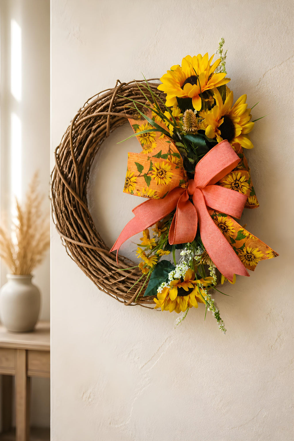 Orange Sunflower Ribbon Add On Bow, Farmhouse Door Decor Accent, Spring Summer Enhancer Bow