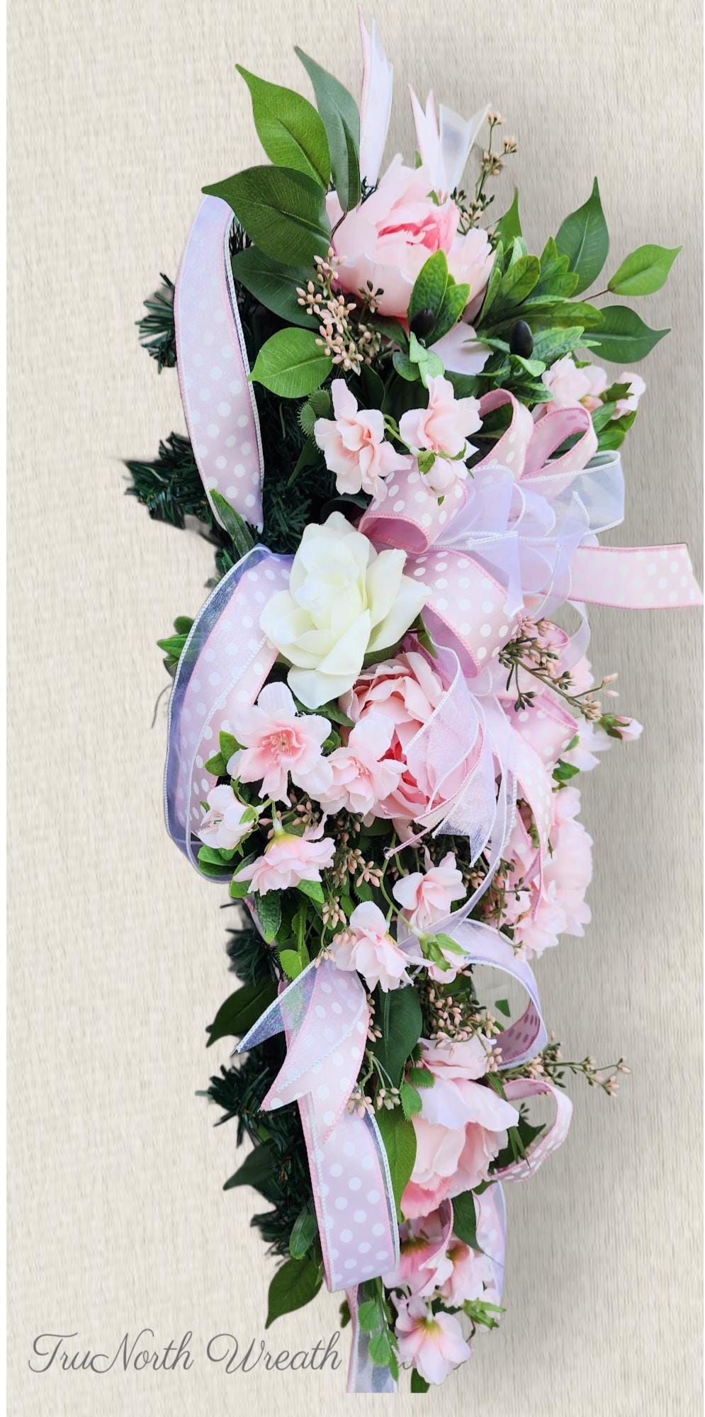 Pink Floral Door Swag, Spring Teardrop Wreath, Pink Rose Door Hanger, Romantic Floral Swag, Front Door Decor