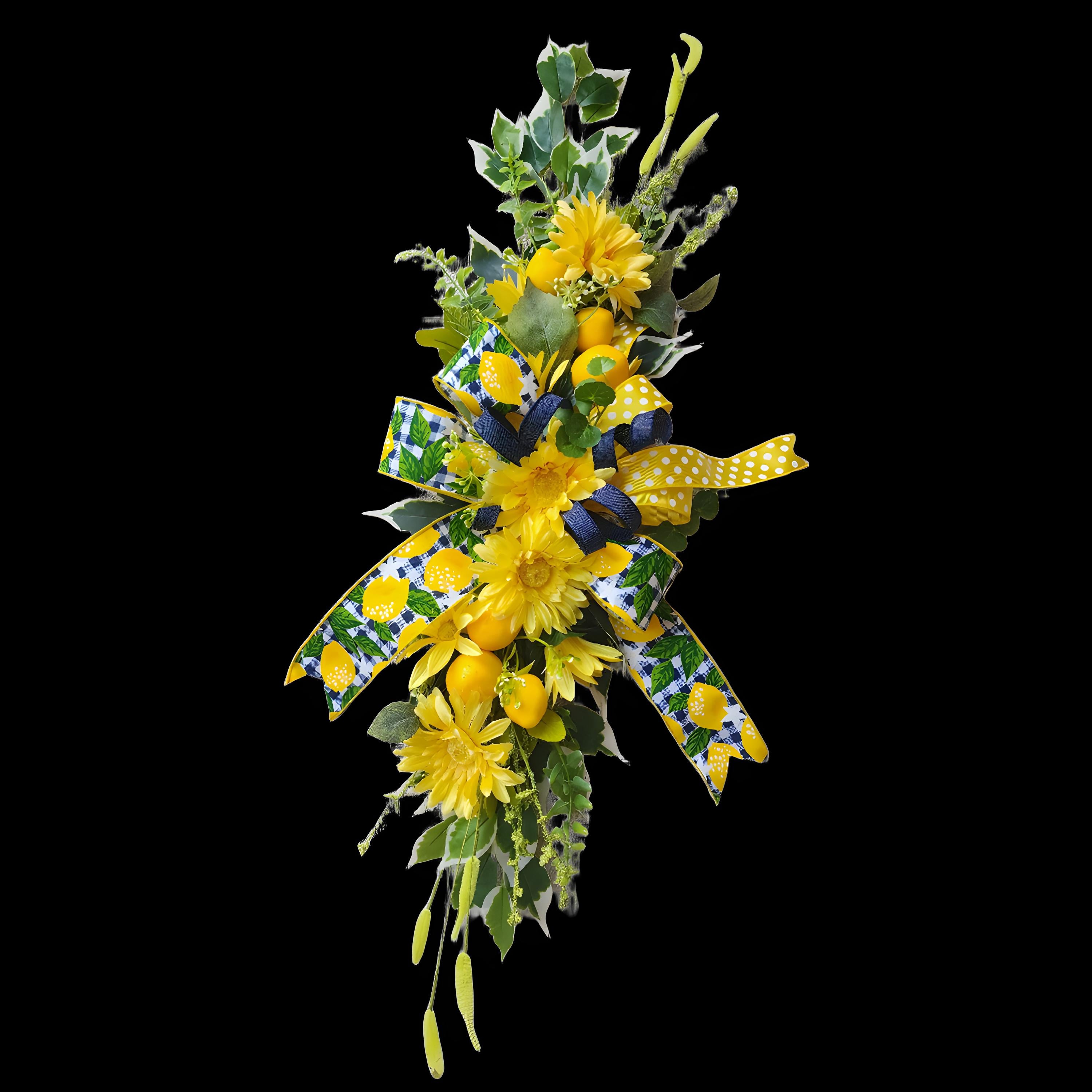 Lemon Daisy Lantern Swag, Summer Porch Decor, Yellow Floral Door Accent, Farmhouse Outdoor Arrangement