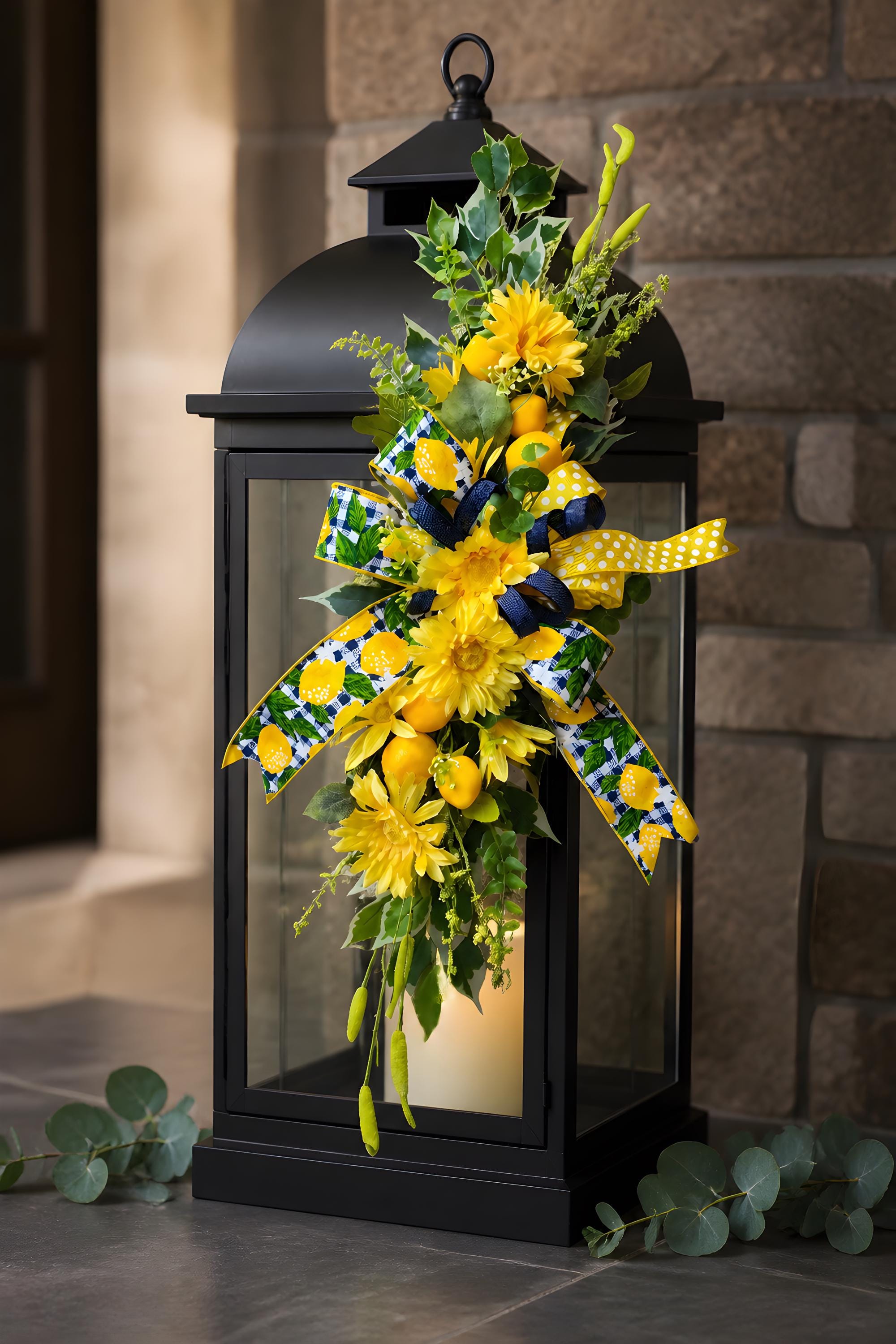 Lemon Daisy Lantern Swag, Summer Porch Decor, Yellow Floral Door Accent, Farmhouse Outdoor Arrangement