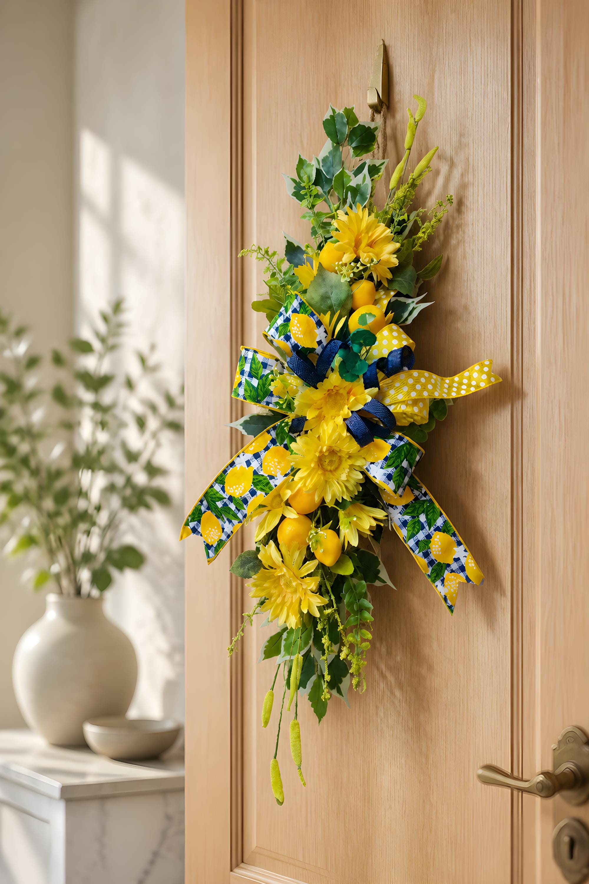 Lemon Daisy Lantern Swag, Summer Porch Decor, Yellow Floral Door Accent, Farmhouse Outdoor Arrangement