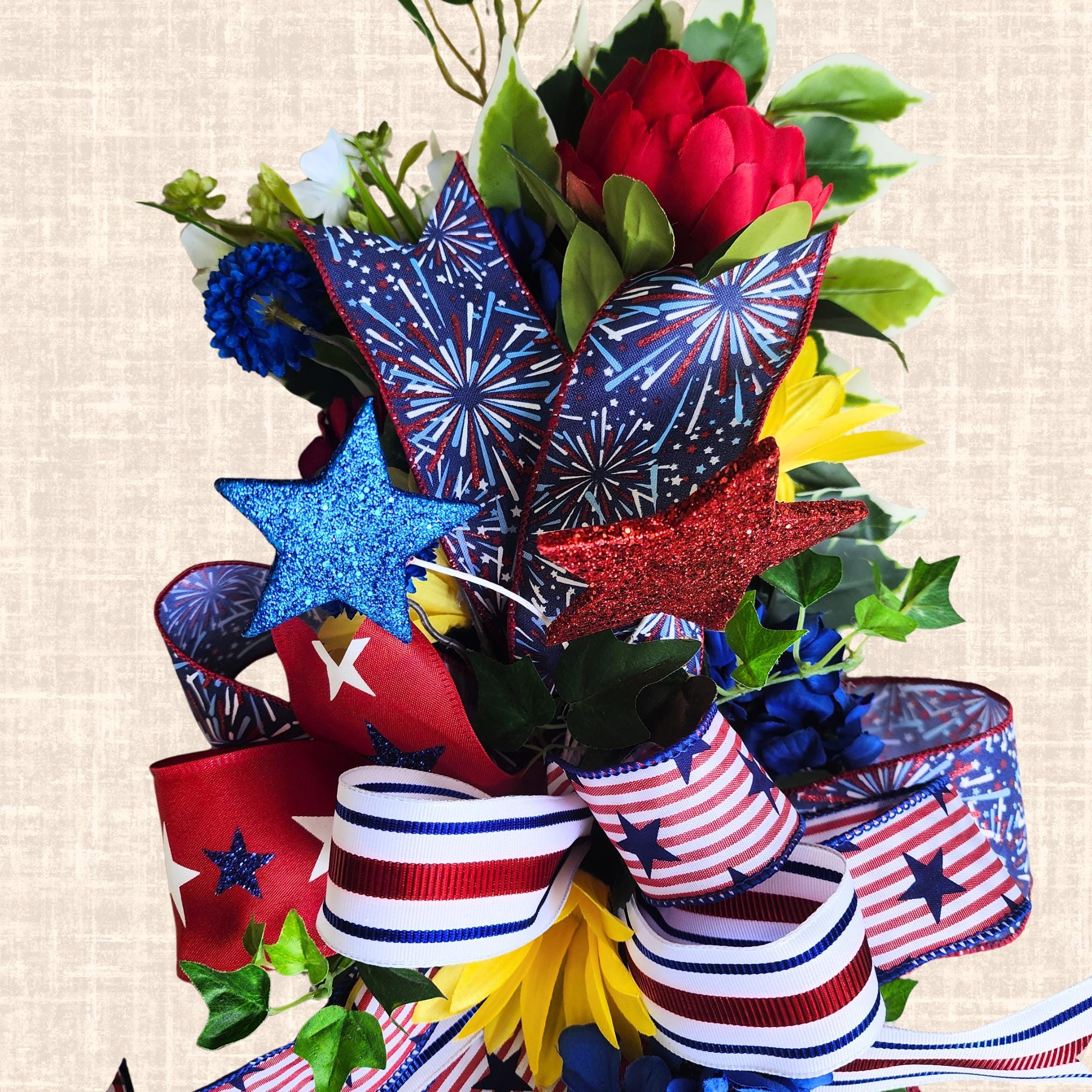 Patriotic Lantern Swag, Red White Blue and Yellow l Arrangement, 4th of July Porch Decor