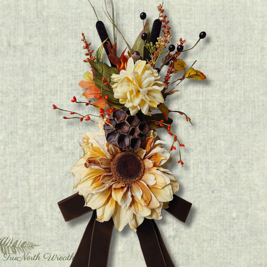 Vintage Farmhouse Picture Frame Floral Accent | Handmade Fall Sunflower Wall Decor | Rustic Autumn Floral with Wired Bow