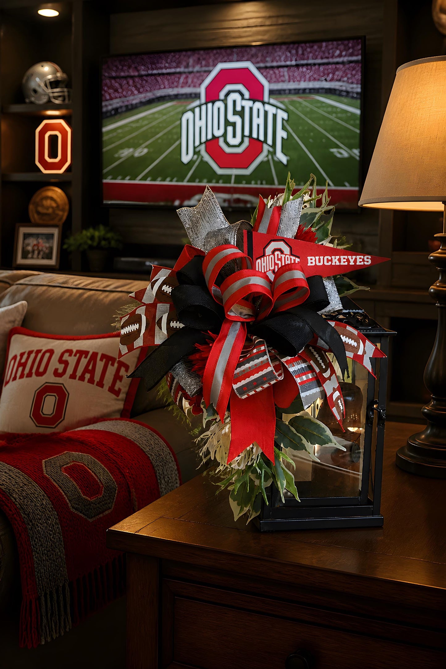 Scarlet & Gray Football Lantern Topper | Handmade Football Bow | Game Day Lantern Swag | Front Porch Football Decor | Tailgate Decoration