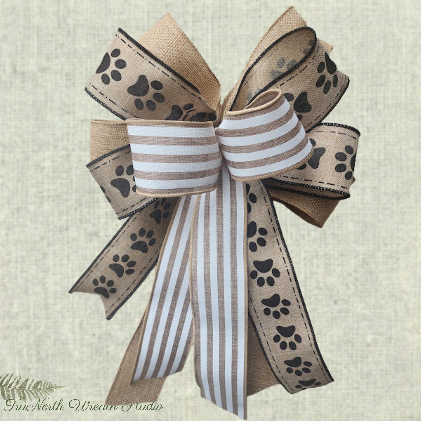 Neutral Dog Paw Print Burlap Bow, Farmhouse Wreath Accent Ribbon