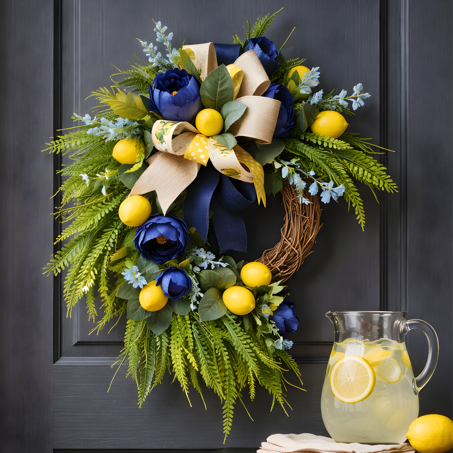 Lemons and Navy Floral Wreath, Summer Citrus Door Decor, Farmhouse Entry Swag