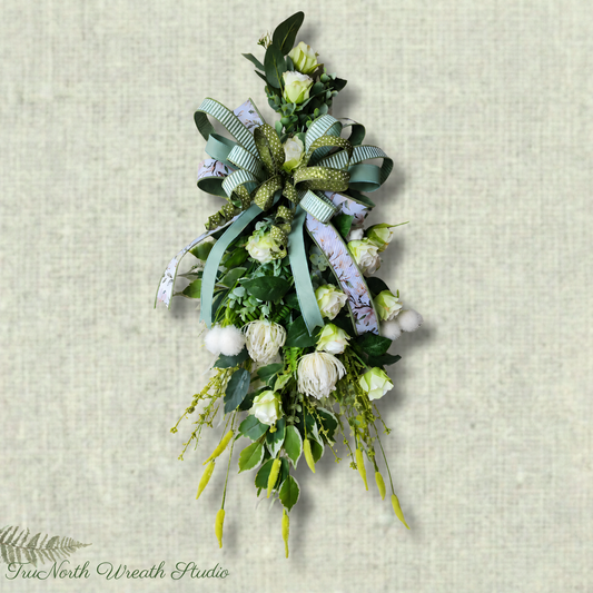 Sage Green and Cream Floral Door Swag, Spring Cottage Garden Entryway Decor