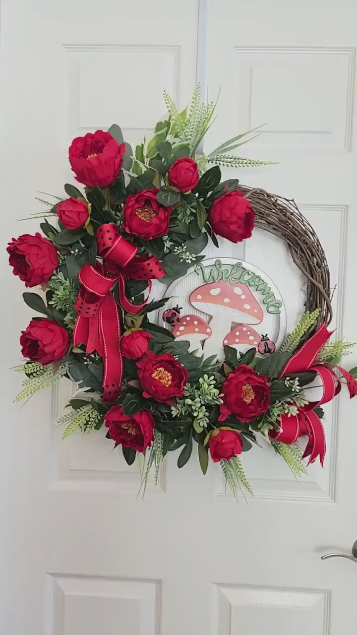 Red Peonies and Ladybugs Wreath