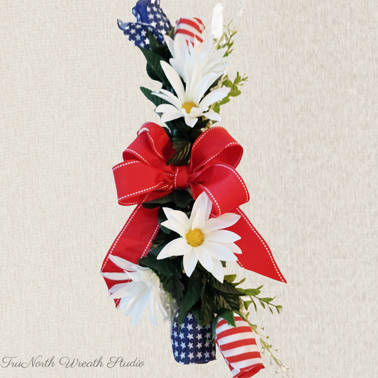 Patriotic Wreath Attachment, Red White Blue Daisy Swag, Farmhouse Add On, Interchangeable Wreath Decor