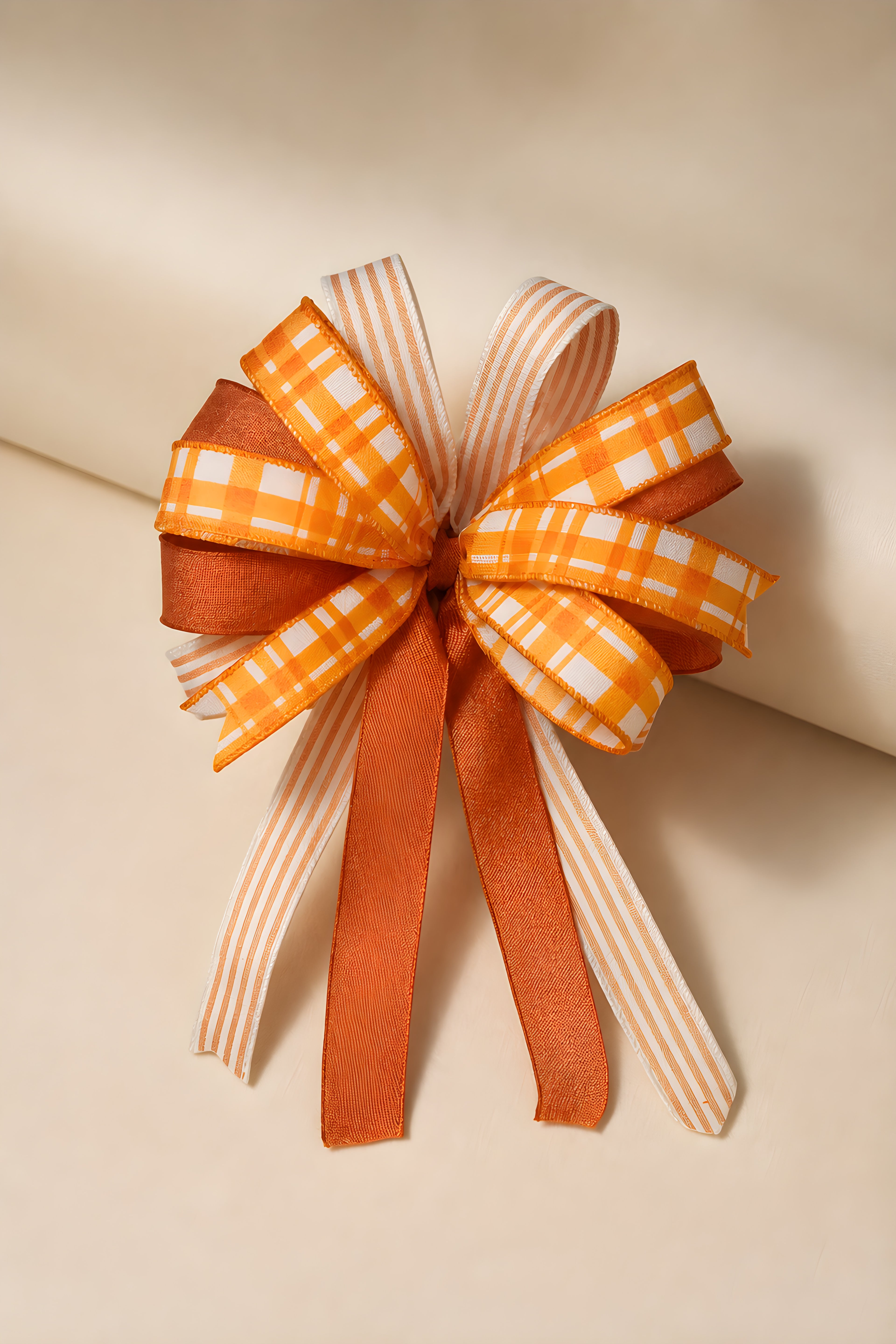 Handcrafted Orange Stripe Plaid Bow, Farmhouse Lantern Swag Accent