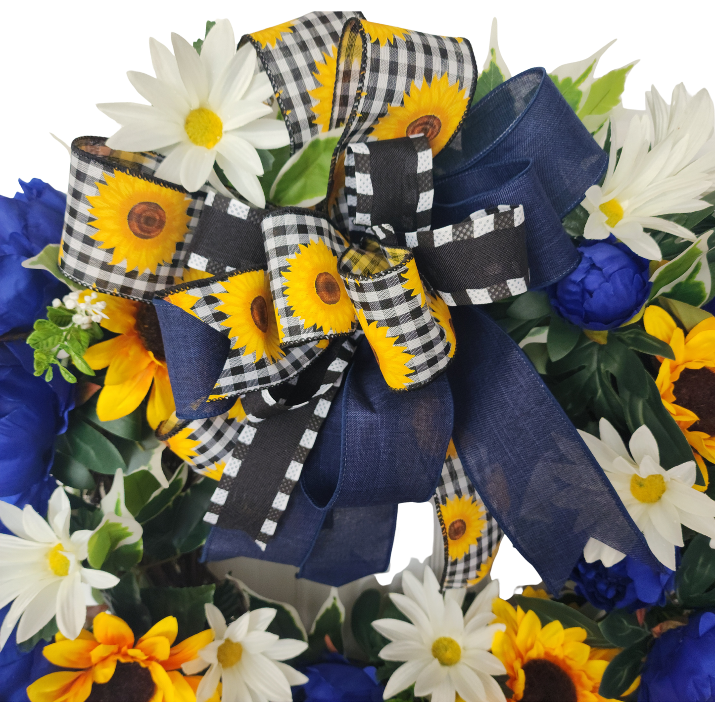 Sunflower Peony Wreath: Blue, Yellow, White Floral Door Decor (23")