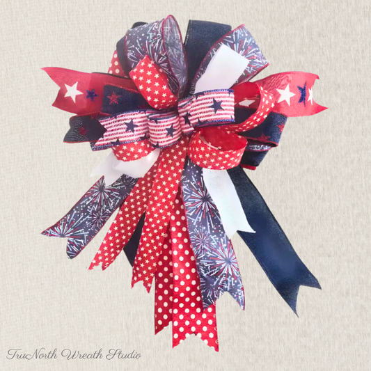 Red White Blue Patriotic Bow, Farmhouse Lantern Swag Accent, 4th of July Door Decor